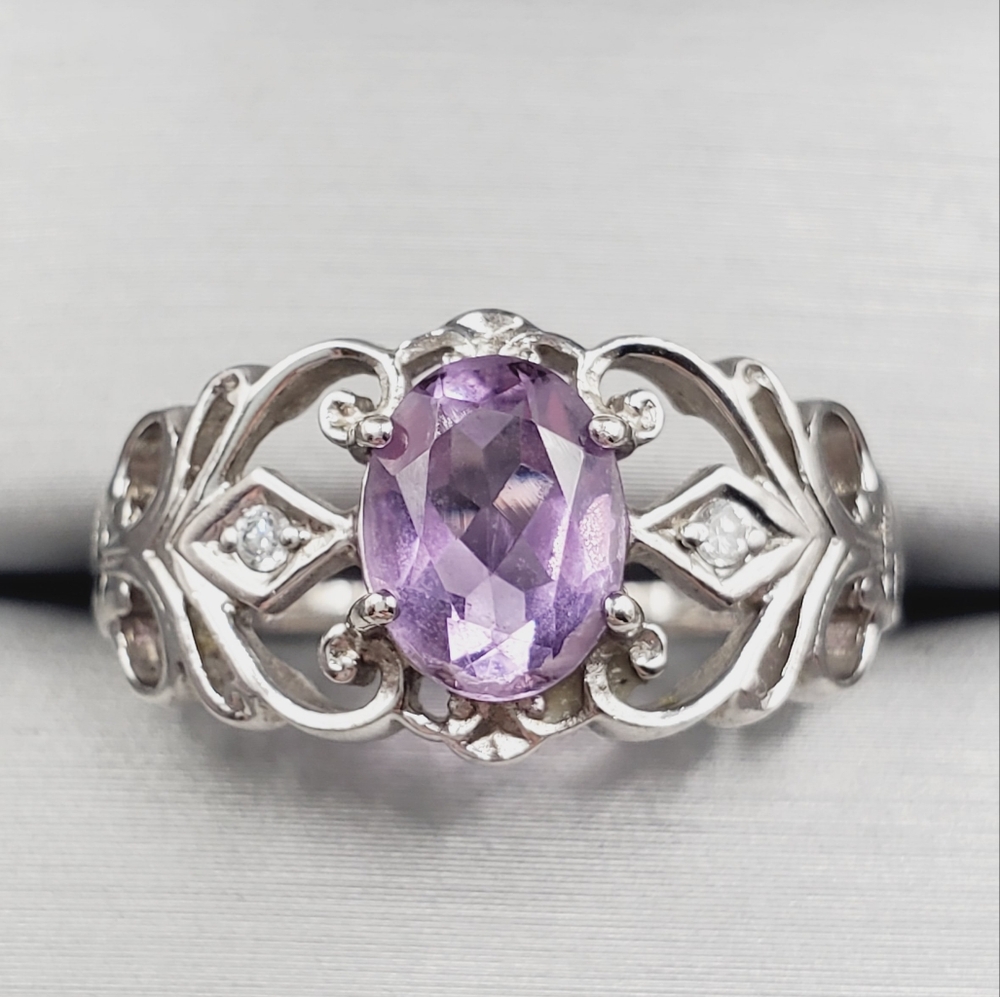 Amethyst Ring & Diamond Simulants Ring 925 Sterling Silver Ring Ornate Ring